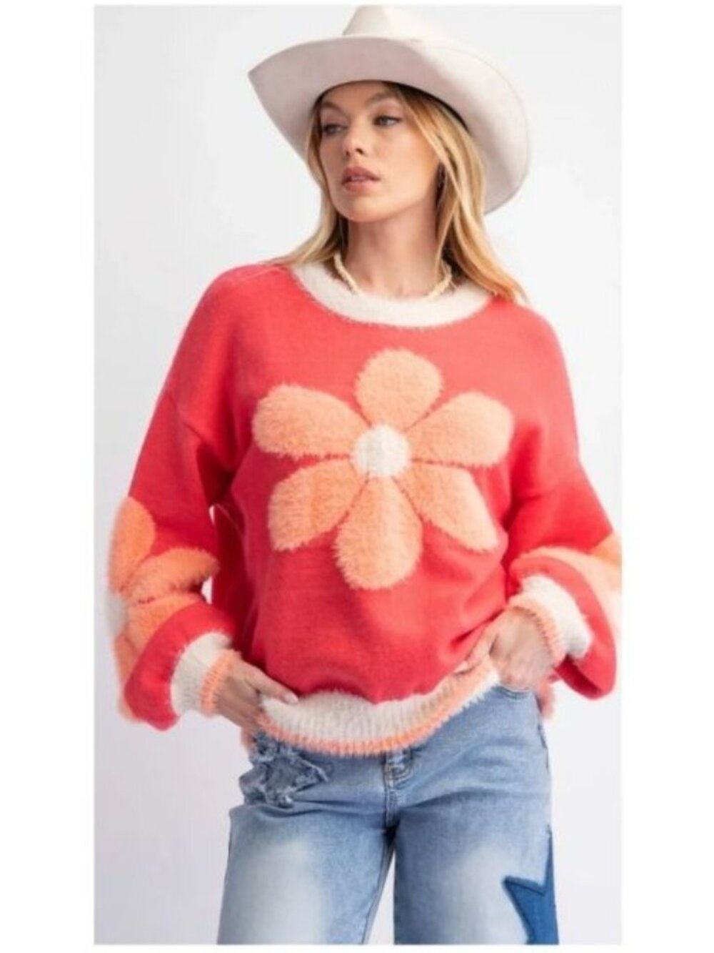 NWT Easel Coral Fuzzy Daisy Flower Print Loose Fit Knit Sweater Medium - CL004 - Picture 14 of 16